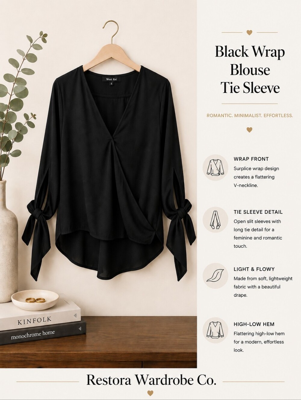 West Kei Black Wrap Blouse Tie Sleeve Romantic Minimalist Top Small
